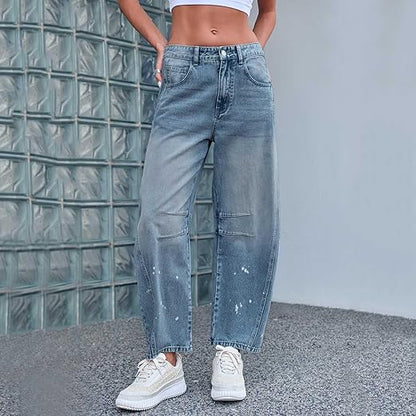 Womens Jeans Mid Rise Barrel Wash Jeans for Women Vintage Wide Leg Cropped Denim Pants Baggy Boyfriend Jeans Ankle Trousers size 36