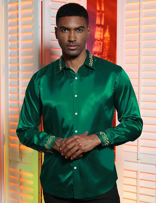 OYO ZONE Men's Luxury Satin Dress Shirt Shiny Embroidery Silk Long Sleeve Button Up Shirts Prom Wedding Party ShirtSize L