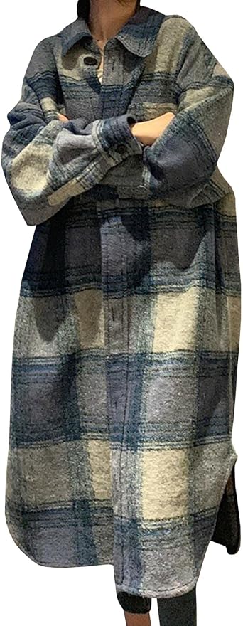 FYEARFOX Women's Oversized Plaid Shacket Wool Blend Button Down Long Sleeve Long Shirt Jacket Coat with Pockets  Size M