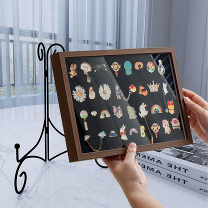Shadow Box Pin Display Case with Tabletop Display Stand for Medal & Jewelry Pin Collection, Wall Mounted or Desktop Display Box with Sliding Acrylic Door, 12.6 x 8.7 x 1.26 inches, Brown Wood Frame
