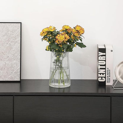 Clear Glass Vase for Flower, Flower Vase for Bouquet, Modern Glass Vases, Ribbed Vases for Living Room, Bedroom, Dining Table, Office, Wedding, Centerpieces, 8 Inches
