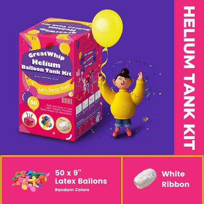 GreatWhip 13L Helium Tank Up To 50 Latex Balloons, Helium Tank For Balloons At Home, 50 Latex Balloons And Ribbons Included.