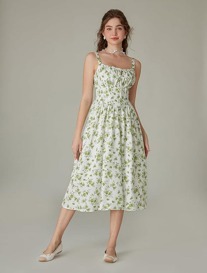 Women Floral Print Bohemian Dress Square Collar High Waist Zipper A-Line Midi Dresses, size S