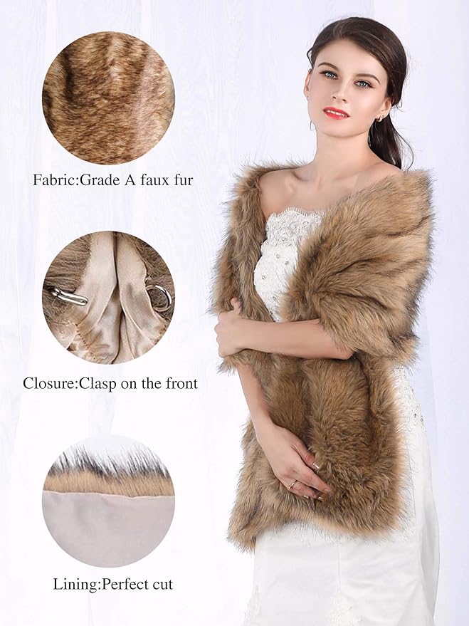Aukmla womens Long Wedding Faux Fur Wraps Shawls Bridal Stole Brides Bridesmaids, Brown, Free size