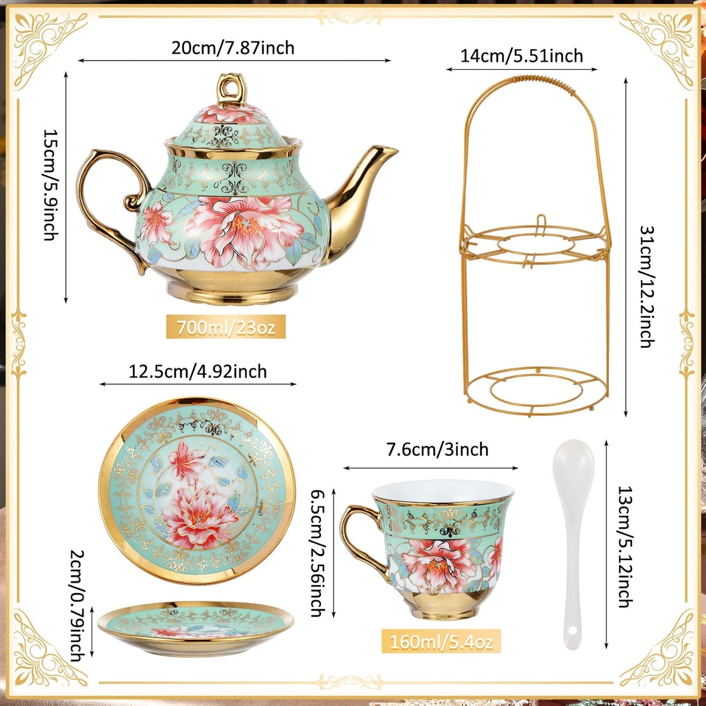 Zhehao 20 Pcs Porcelain Tea Set with Metal Holder and Spoon Adult Ceramic Tea Party Set European Flower Painting Teapot Cup Saucer Spoon Set for Women, Large Version(Fresh Style)
