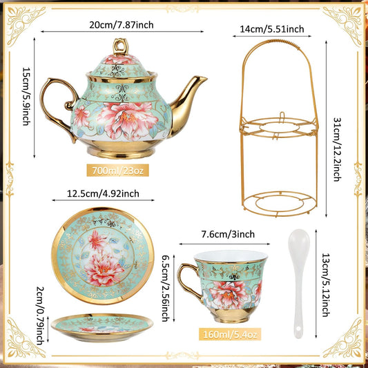 Zhehao 20 Pcs Porcelain Tea Set with Metal Holder and Spoon Adult Ceramic Tea Party Set European Flower Painting Teapot Cup Saucer Spoon Set for Women, Large Version(Fresh Style)