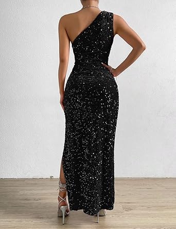 One Shoulder Evening Dress with High Slit Sparkly Sequin Formal Cocktail Dress Sheath Long Prom Dress EV06 Size No