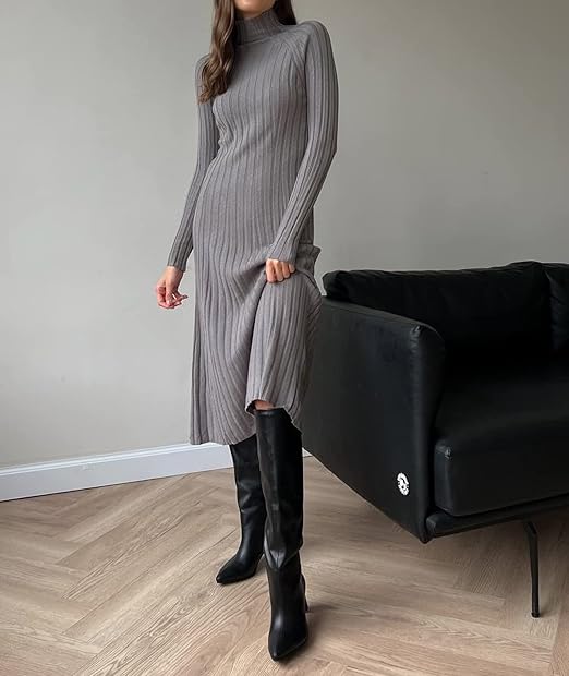 SOMTHRON Women's Turtleneck Jumper Dress, Elegant, High Closed, Long Sleeve, Ribbed, Knitted, Stretchy, Plain Bodycon Maxi Dress  Size M