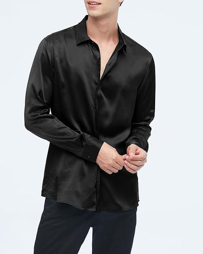 Mens Shirt Versatile 100% Charmeuse Silk Button Down Shirt Long Sleeves All Season for Formal Casual  Size XL