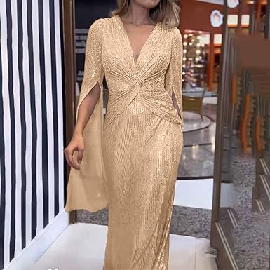 Long Sleeve Sequin Dress for Women V Neck Ruched Wrap Formal Evening Gowns Slim Party Cocktail Sparkly Maxi Dresses  Size No