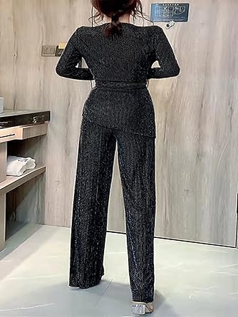 PINLI Plus Size 2 Piece Outfits for Women Deep V Neck Chain Printed Shirts with Belt and Loose Pants Party Clubwear Silver L size M