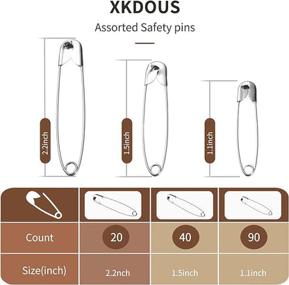 XKDOUS Safety Pins - 150 Pcs Assorted Sizes Silver Pins Bulk - Small & Large Heavy Duty for Clothes, Sewing, Craft