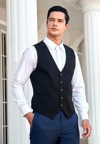 HISDERN Men's Suit Vest Plaid Dress Vest for Men Slim Fit Formal Business Waistcoat Tuxedo V-Ncek Solid Vest for Wedding size M