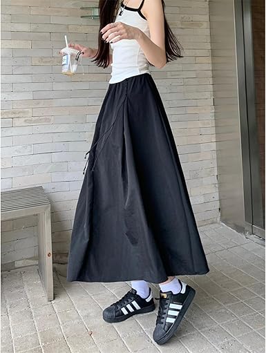 Women's high Waisted Elastic Waistband A-line Skirt, midi Casual Skirt, Long Skirt Size S