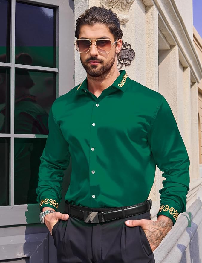 Men's Luxury Satin Dress Shirt Shiny Embroidery Silk Long Sleeve Button Up Shirts Prom Wedding Party ShirtSize L