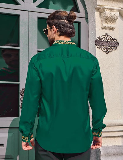 Men's Luxury Satin Dress Shirt Shiny Embroidery Silk Long Sleeve Button Up Shirts Prom Wedding Party ShirtSize L