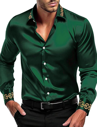 Men's Luxury Satin Dress Shirt Shiny Embroidery Silk Long Sleeve Button Up Shirts Prom Wedding Party ShirtSize L