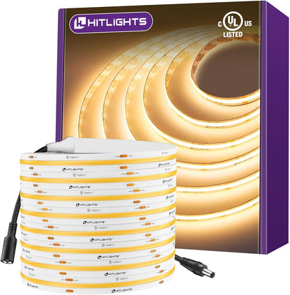HitLights COB LED Strip Lights Warm White 3000K, 16.4ft Premium High Density 24V Tape Light, 2560 LEDs, 350+ LM/FT, CRI 90+, IP30, Lighting for Kitchen, Cabinets, UL Listed (Power Source Not Included)