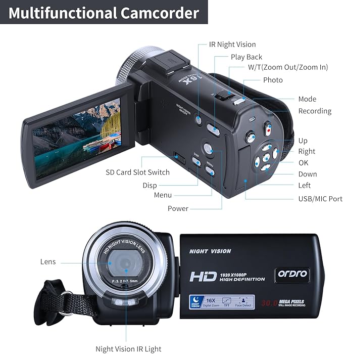 ORDRO Camcorders HDV-V12 HD 1080P Video Camera Recorder Infrared Night Vision Camera Camcorders with 16G Memory Card and 2 Batteries