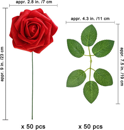 Winlyn 50 pcs Real Touch Red Roses with Stems & Silk Leaves - Bulk Artificial Flowers for Weddings Centerpieces Floral Arrangement Party Decorations Baby Showers Birthday Anniversaries DIY Crafts