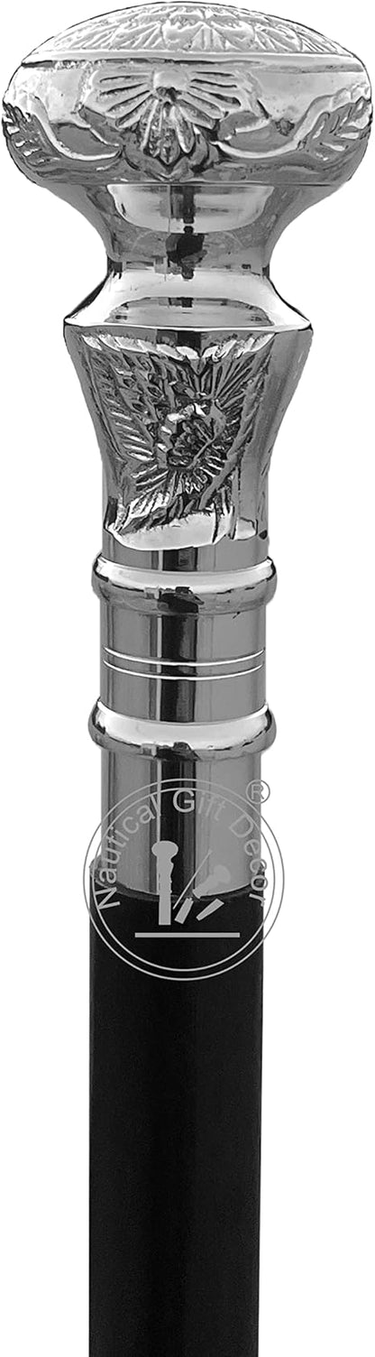 Vintage Antique Walking Cane Wooden Walking Stick Silver Brass Handle Knob Gift