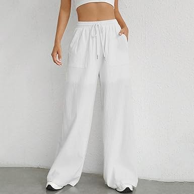 Women Drawstring Waist Wide Leg Pants High Waisted Wide Leg Pants Fashion Drawstring Elastic Trousers Comfy Straight Leg Long Pants with Pockets Womens Cropped Pants Casual Petite  size XS