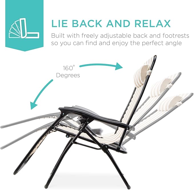 Best Choice Products Set of 2 Adjustable Steel Mesh Zero Gravity Lounge Chair Recliners w/Pillows and Cup Holder Trays - Tan Striped