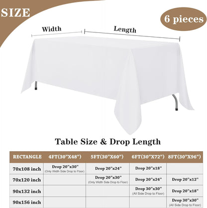 Fitable White Tablecloths for Rectangle Tables, 6 Pack - 70 x 120 Inches - Reusable and Washable Table Clothes for 6-8 Ft Tables, Polyester Fabric Table Covers for Wedding, Party, Banquet