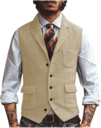 Men's Herringbone Tweed Suit Vest Wool Blend Slim Fit Western Leisure V Neck Waistcoat Vest Groomsman  Size XL