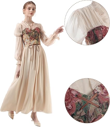 LSYYSKB Women Regency Dress, Victorian Dresses Vintage Ball Gown Lace-up Long White Regency Dress with Wedding Gloves Size L