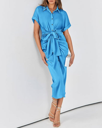 BTFBM 2025 Women Button Down Ruched Shirt Dresses Short Sleeve Lapel V Neck Elegant Party Spring Summer Maxi Satin Dress Size S