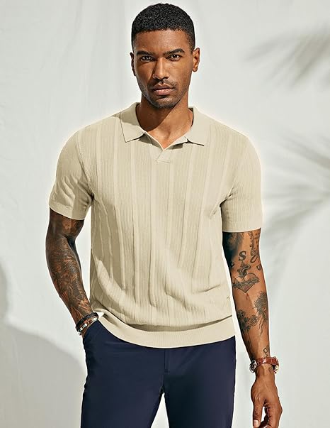 PJ PAUL JONES Mens Polo Shirts Textured Knit V-neck Summer Shirts Size L