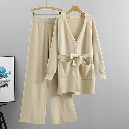 Women's Fall Winter 2 Piece Outfit Warm Cardigan with Belt Knitted Sweater Wide Leg Pants Going Out Loungewear Set Size M