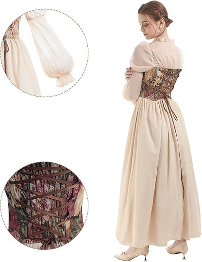 LSYYSKB Women Regency Dress, Victorian Dresses Vintage Ball Gown Lace-up Long White Regency Dress with Wedding Gloves Size L