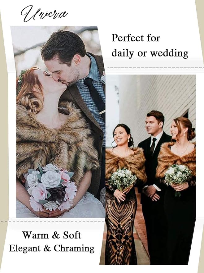 Aukmla womens Long Wedding Faux Fur Wraps Shawls Bridal Stole Brides Bridesmaids, Brown, Free size