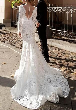 Lace Mermaid Wedding Dress Bateau Neck Long Sleeves Illusion Back with Buttons Bridal Gowns Size No