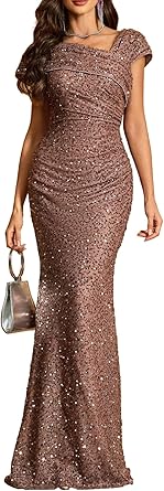 Women's Asymmetrical Neckline Pleated Shimmering Evening Dress Size S