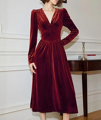 Women's Puff Sleeve Velvet Dress Long Lantern Sleeve V Neck Button Ruffle Pleated Single Breasted Maxi Party Dress  Size M