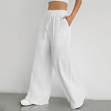 Women Drawstring Waist Wide Leg Pants High Waisted Wide Leg Pants Fashion Drawstring Elastic Trousers Comfy Straight Leg Long Pants with Pockets Womens Cropped Pants Casual Petite  size XS