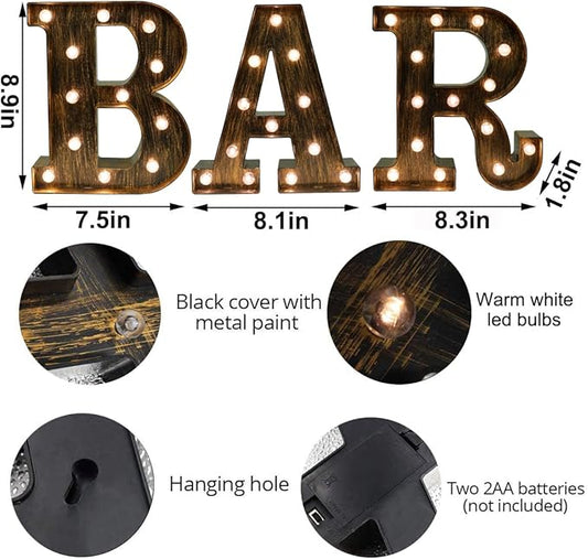 Light Up BAR Sign, LED Vintage Letters Home Decor Name Signs - Illuminated Marquee Letter Sign Lights - Battery Operated - Lighted Accessories & Decorations
