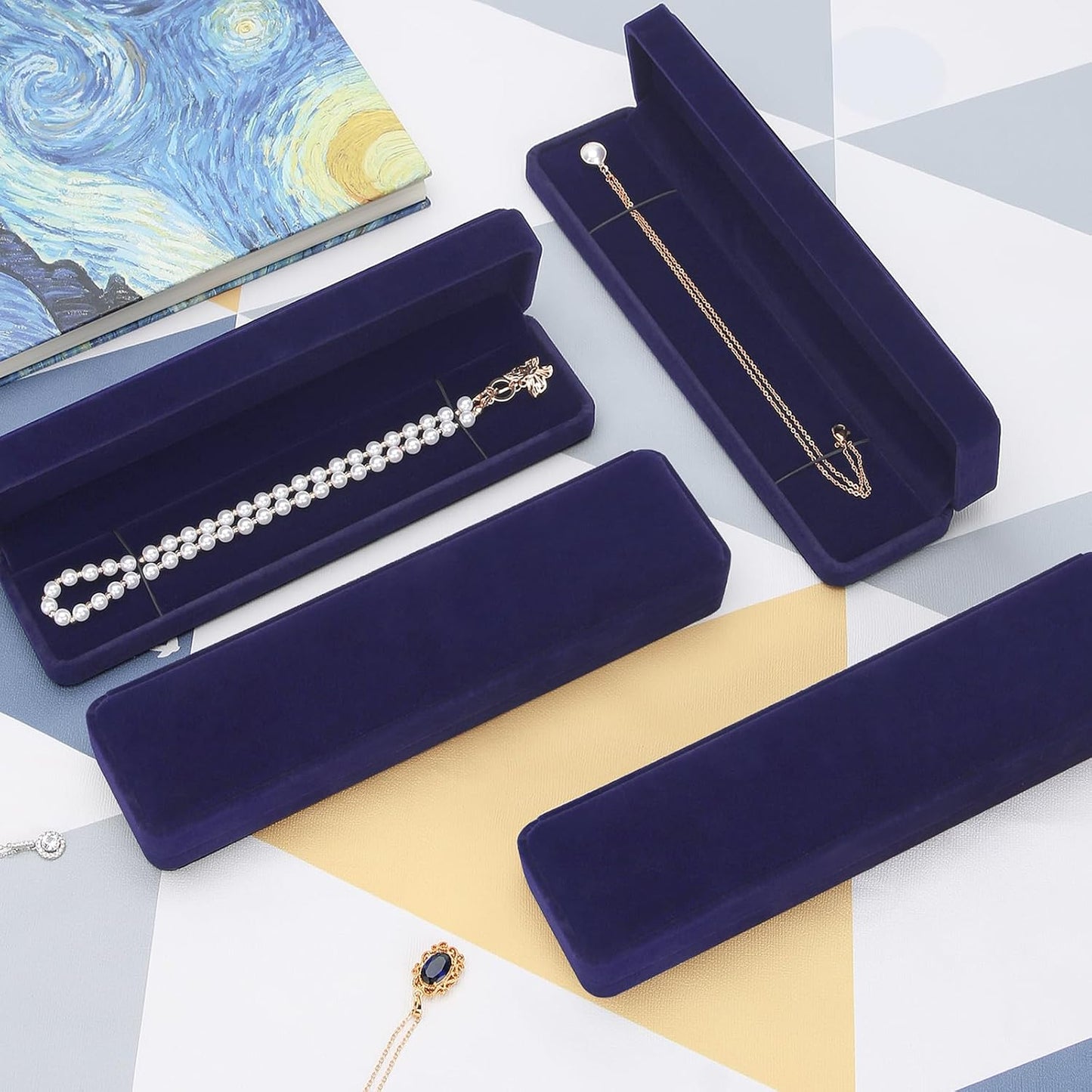 LETURE 4 Pieces Velvet Bracelet, Small Long Jewelry Watch Gift Box for Proposal, Wedding, Engagement, Christmas (BLUE- Necklace Pendant Jewelry Box4PCS)