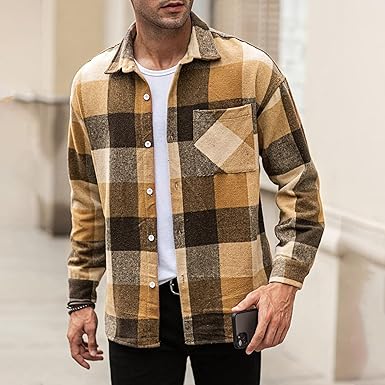 Mens Long Sleeve Shirt Jacket Button Up Plaid Jacket Shacket Fall Winter Warm Outfits Loose Fit Work Cotton Topssize M