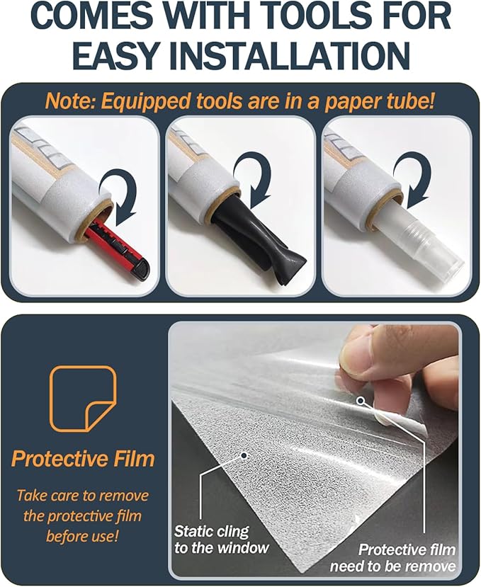 Frosted Glass Window Privacy Film with Installation Tools, Removable, Peep-Proof, Static Cling, Heat Control, UV Protection, Ideal for Home Office Bathroom Door (17.5 x 78.7 Inch)