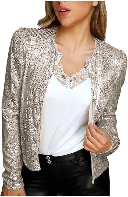 Fashion Sequin Jacket Women's Casual Party Elegant Sparkle Long Sleeve Jackets Glitter Front Zip Blazer Bomber Jacket Size S