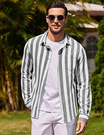 COOFANDY Men Button Down Striped Shirts Long Sleeve Slim Fit Untucked Dress Shirts Casual Summer Beach Shirts  size M