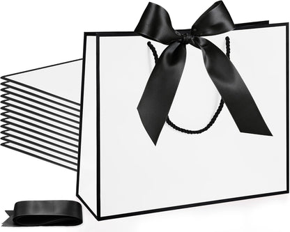 Silkfly 12 Pcs Thank You Gift Bags with Handle 12x10x4'' Welcome Bags Return Gifts with Bow Ribbon for Wedding Bridesmaid Baby Shower Housewarming Birthday Summer Christmas Vacation(White, Black)