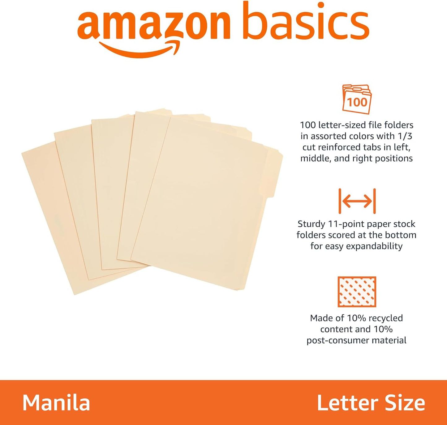Amazon Basics File Folders with Tabs for Filing, 1/3-Cut Tab, Assorted Positions, Letter Size, Manila, Pack of 100