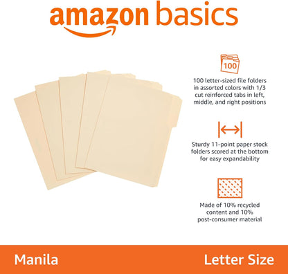 Amazon Basics File Folders with Tabs for Filing, 1/3-Cut Tab, Assorted Positions, Letter Size, Manila, Pack of 100