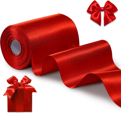 FAKILO Red Satin Ribbon 4 Inch x 22 yd Wide for Grand Opening Business Cuttings Ceremony Bow Christmas Festival Decor