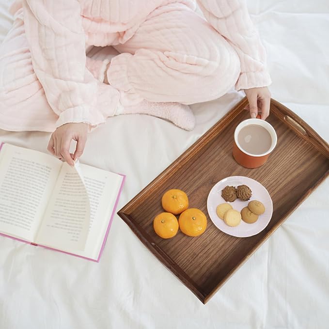 16.5 x 12 Inches Wood Ottoman Tray with Handles, Modern Coffee Table Tray,Square Large Serving Platters for Home Decor,Ottoman,Bed,Kitchen,Bathroom, Breakfast,Bar